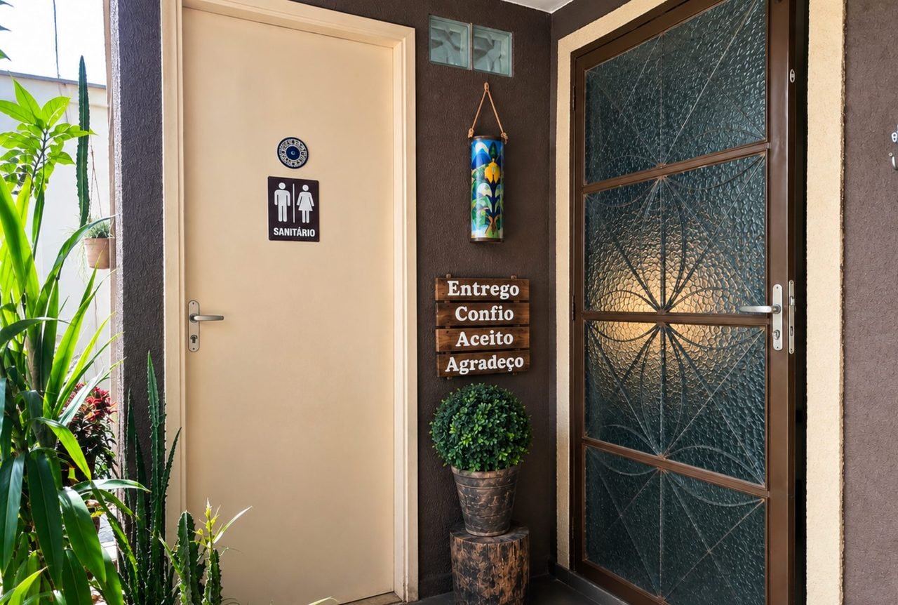 Entrada do consultório, com plantas e placa de madeira